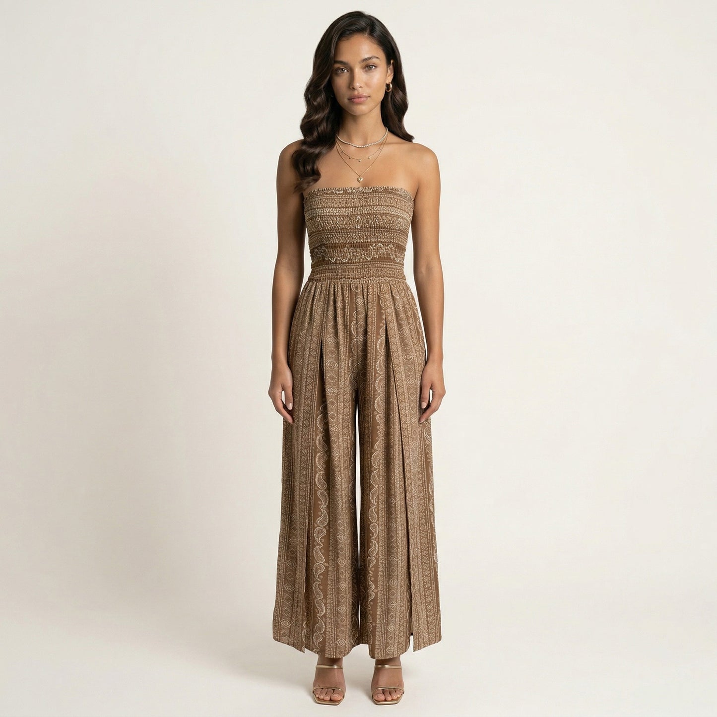 Strapless Wide Leg Jumpsuit with Smocked Bodice Printed Fabric Side Slit Flowy Fit