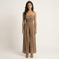 Strapless Wide Leg Jumpsuit with Smocked Bodice Printed Fabric Side Slit Flowy Fit