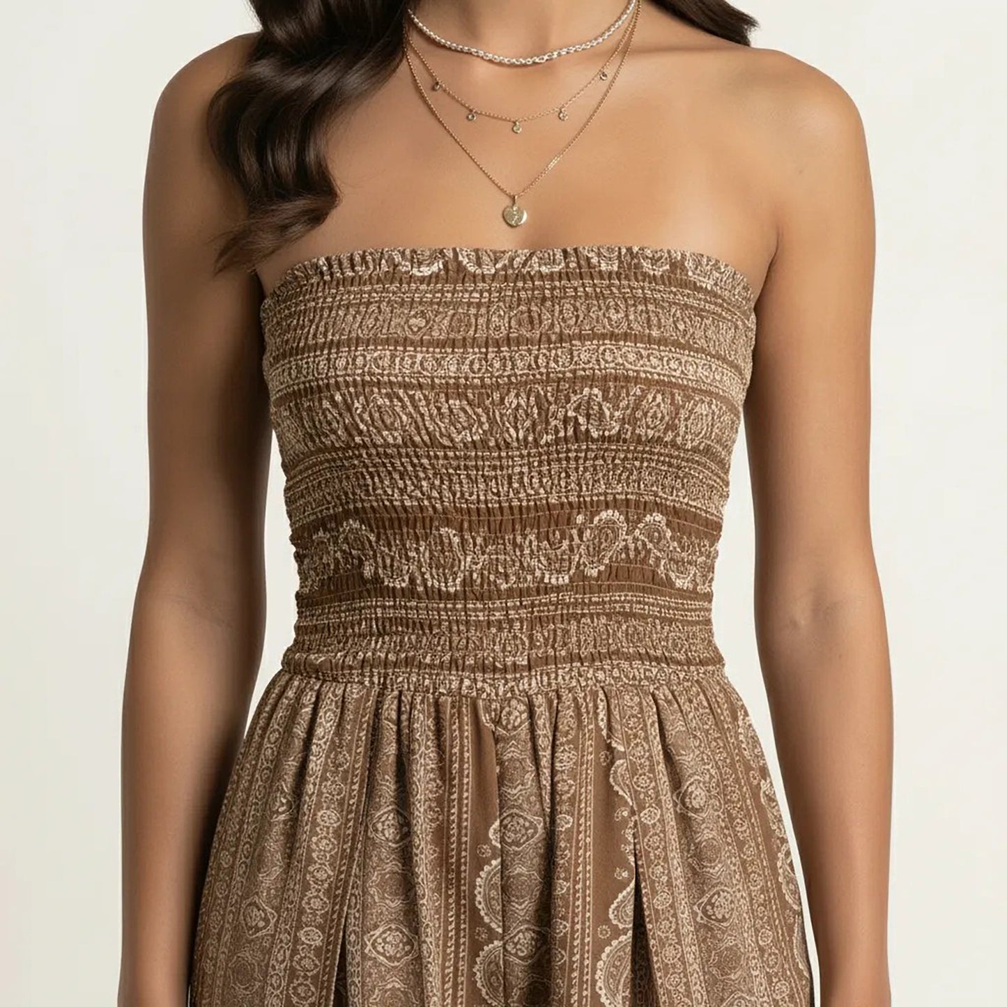 Strapless Wide Leg Jumpsuit with Smocked Bodice Printed Fabric Side Slit Flowy Fit