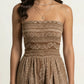Strapless Wide Leg Jumpsuit with Smocked Bodice Printed Fabric Side Slit Flowy Fit