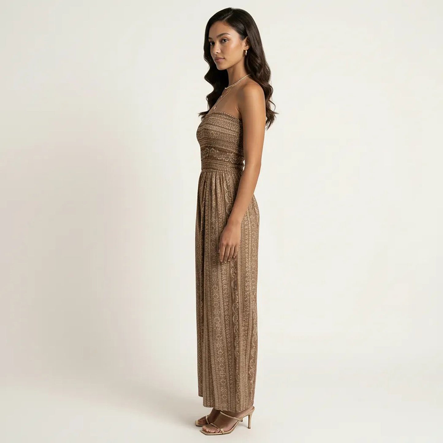 Strapless Wide Leg Jumpsuit with Smocked Bodice Printed Fabric Side Slit Flowy Fit