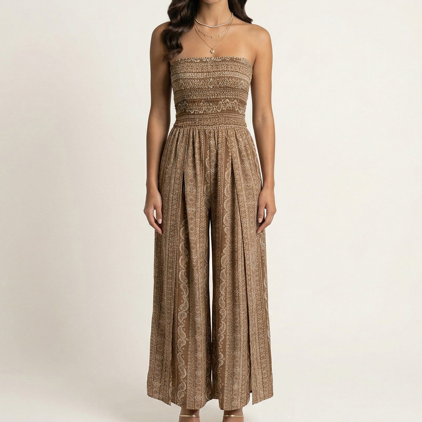 Strapless Wide Leg Jumpsuit with Smocked Bodice Printed Fabric Side Slit Flowy Fit