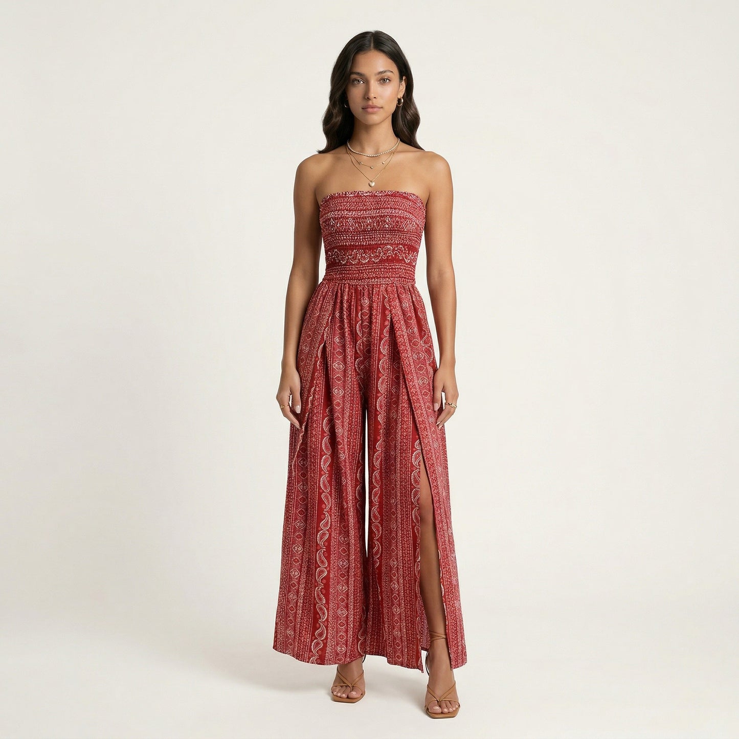 Strapless Wide Leg Jumpsuit with Smocked Bodice Printed Fabric Side Slit Flowy Fit