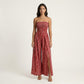 Strapless Wide Leg Jumpsuit with Smocked Bodice Printed Fabric Side Slit Flowy Fit