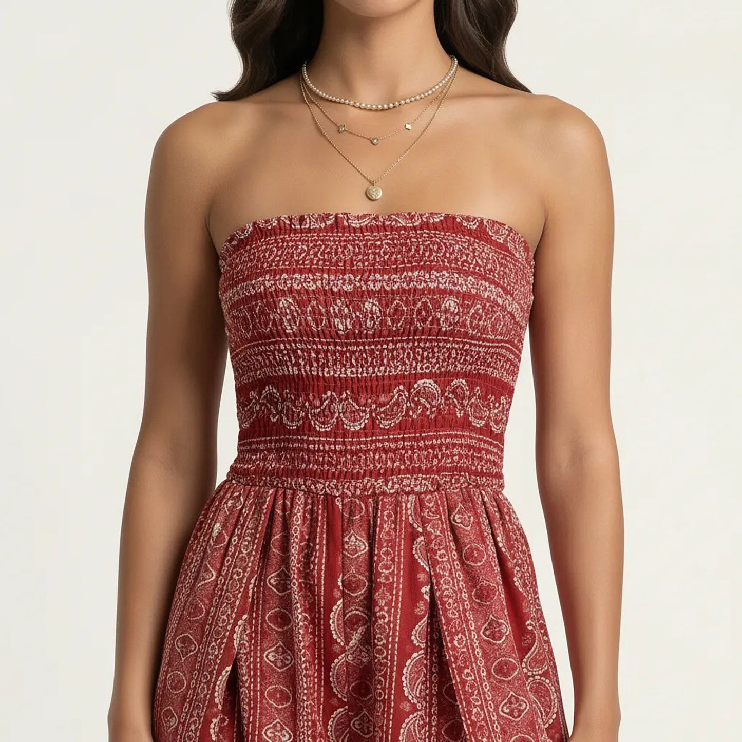 Strapless Wide Leg Jumpsuit with Smocked Bodice Printed Fabric Side Slit Flowy Fit