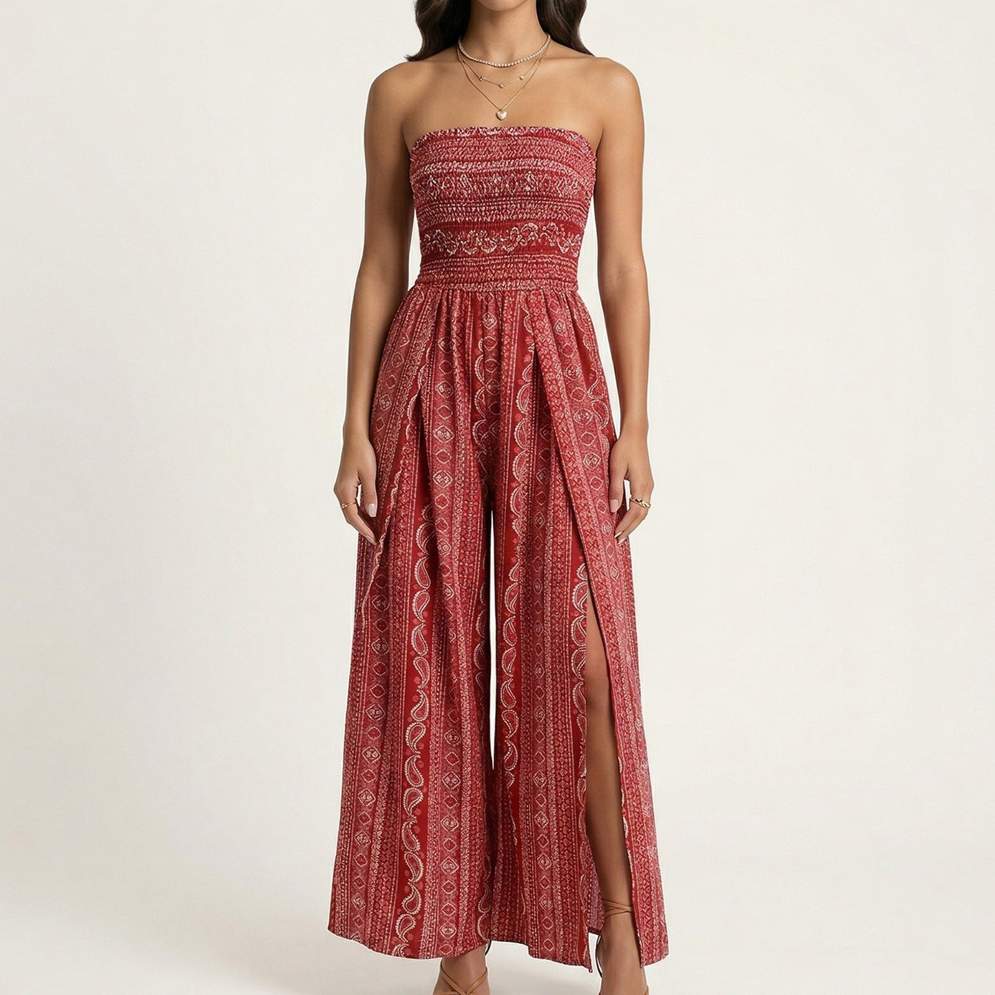 Strapless Wide Leg Jumpsuit with Smocked Bodice Printed Fabric Side Slit Flowy Fit