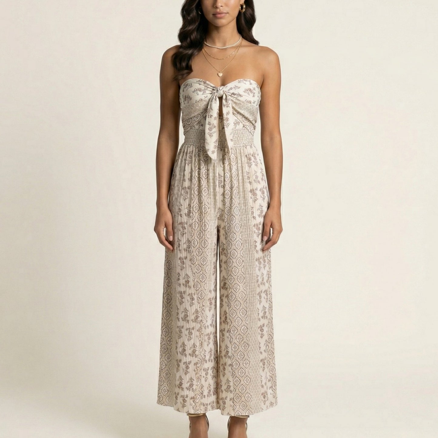 Strapless Wide Leg Jumpsuit with Front Knot and Printed Pattern Elegant Summer Outfit