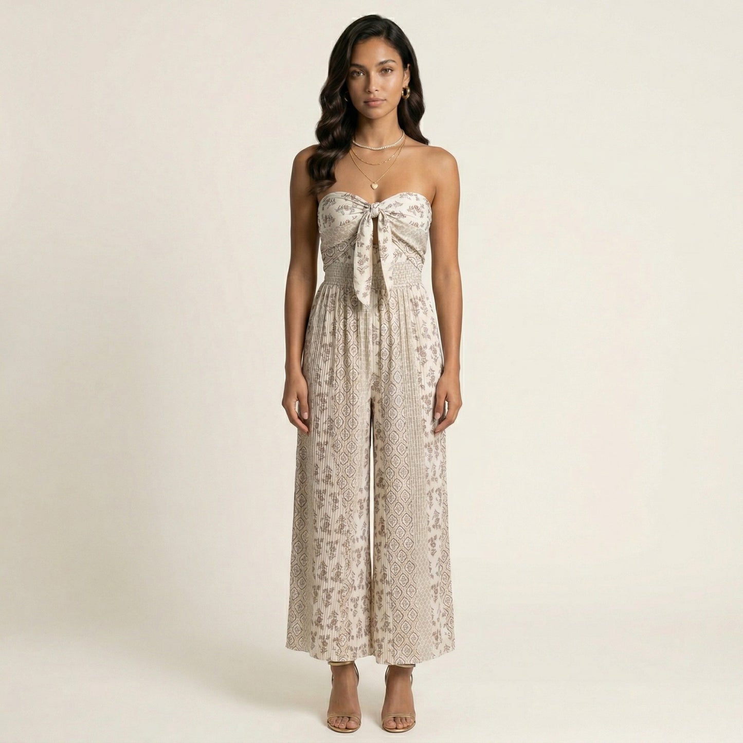 Strapless Wide Leg Jumpsuit with Front Knot and Printed Pattern Elegant Summer Outfit