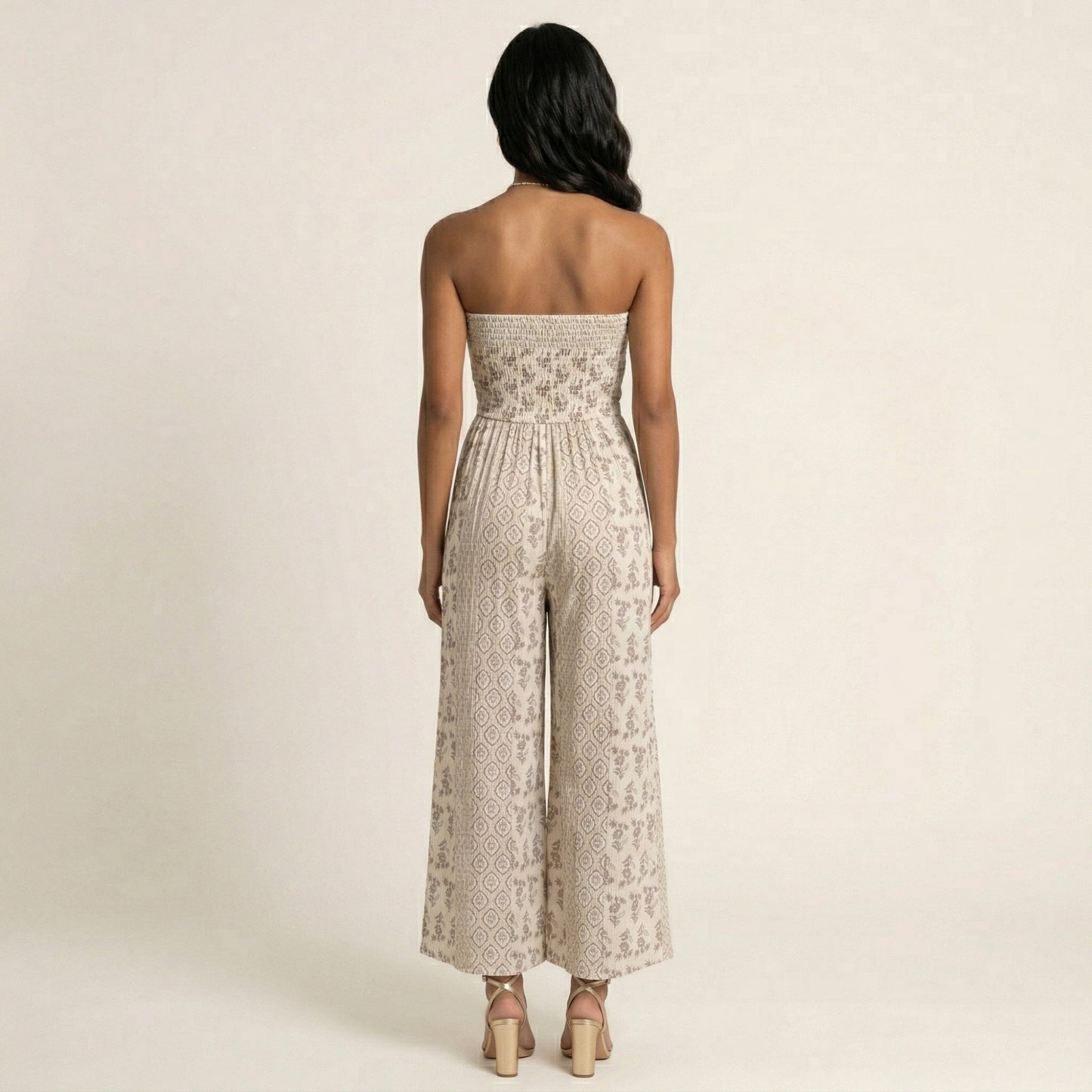 Strapless Wide Leg Jumpsuit with Front Knot and Printed Pattern Elegant Summer Outfit