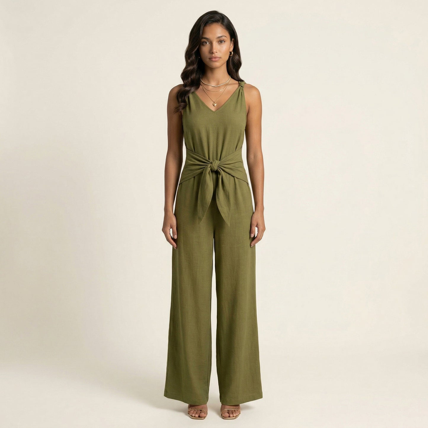 Sleeveless Wide Leg Jumpsuit with V Neck Tie Waist Relaxed Fit Flowy Silhouette