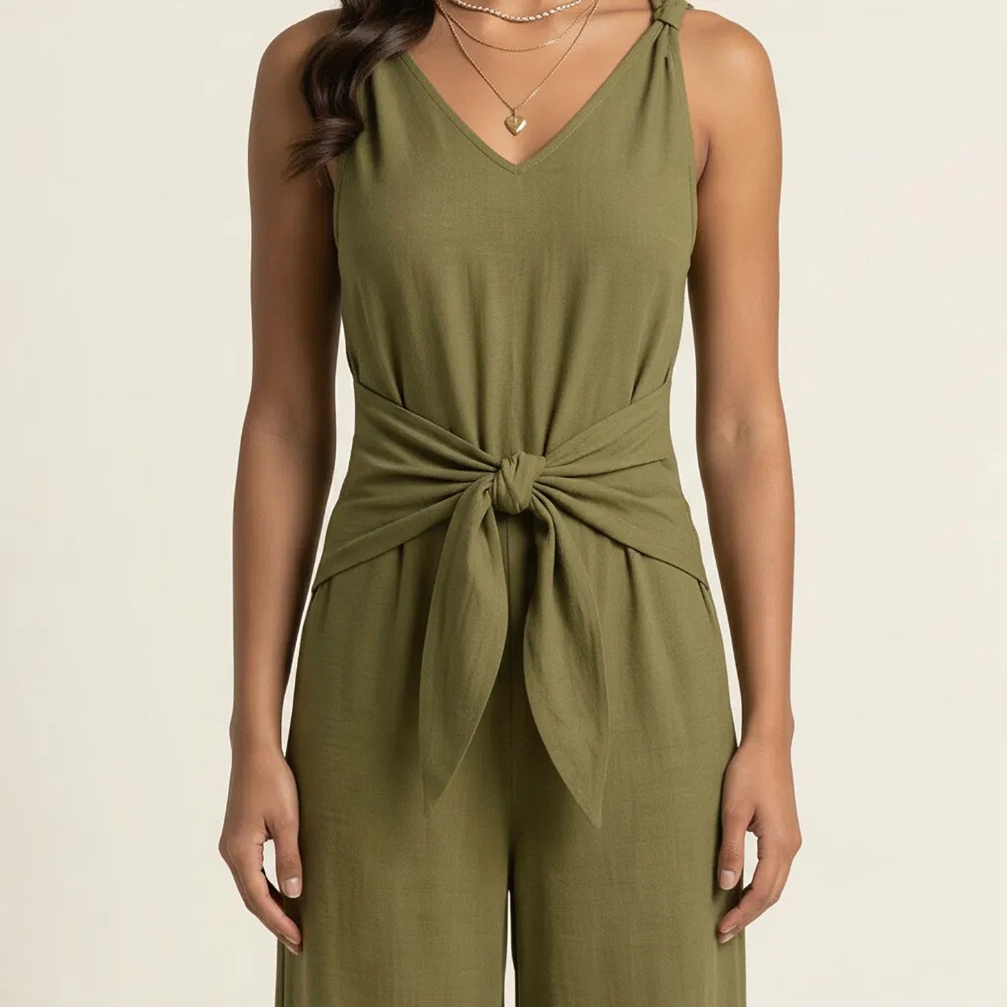 Sleeveless Wide Leg Jumpsuit with V Neck Tie Waist Relaxed Fit Flowy Silhouette