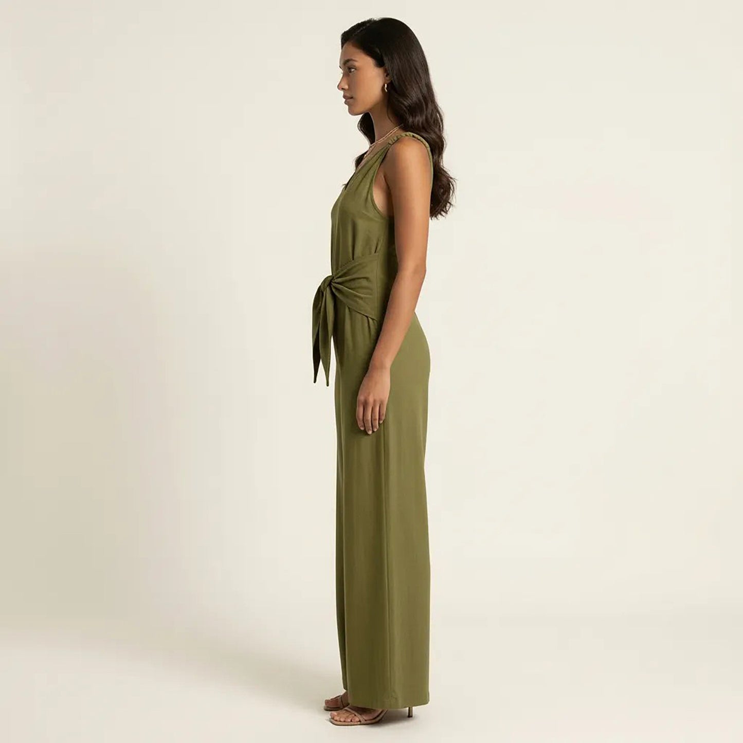 Sleeveless Wide Leg Jumpsuit with V Neck Tie Waist Relaxed Fit Flowy Silhouette