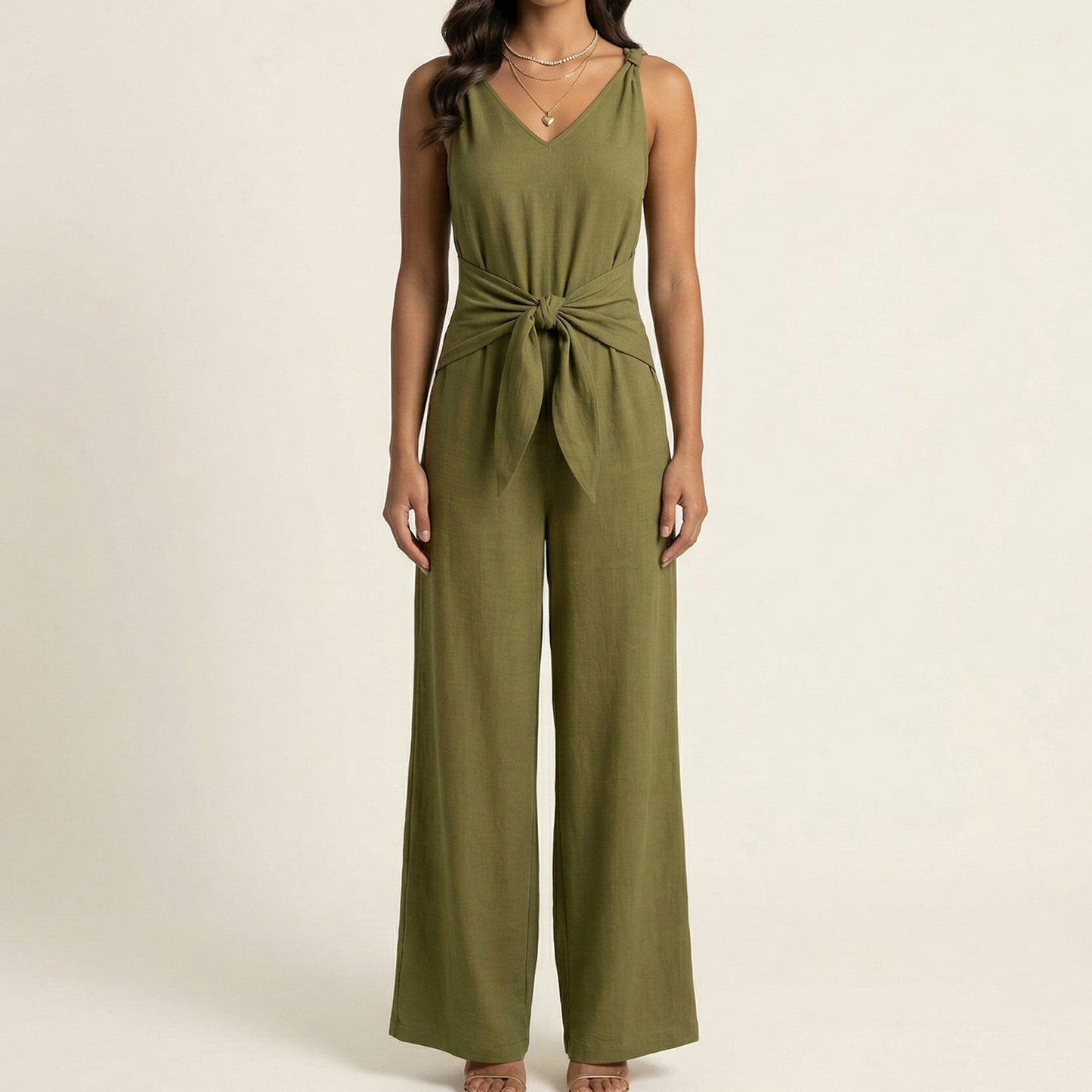 Sleeveless Wide Leg Jumpsuit with V Neck Tie Waist Relaxed Fit Flowy Silhouette