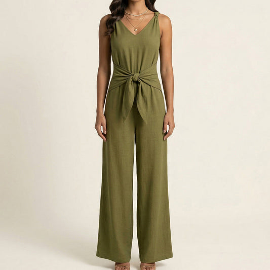 Sleeveless Wide Leg Jumpsuit with V Neck Tie Waist Relaxed Fit Flowy Silhouette