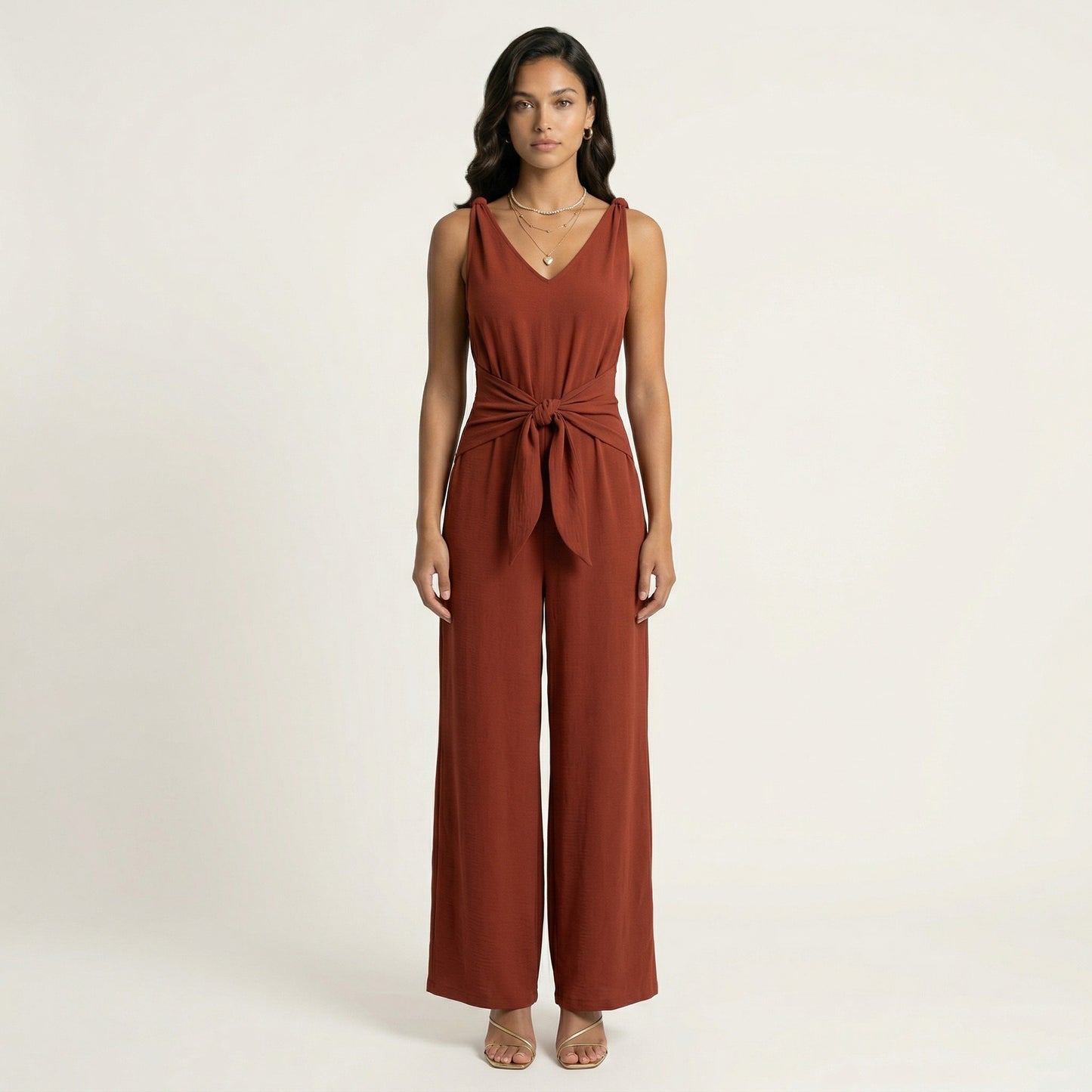 Sleeveless Wide Leg Jumpsuit with V Neck Tie Waist Relaxed Fit Flowy Silhouette
