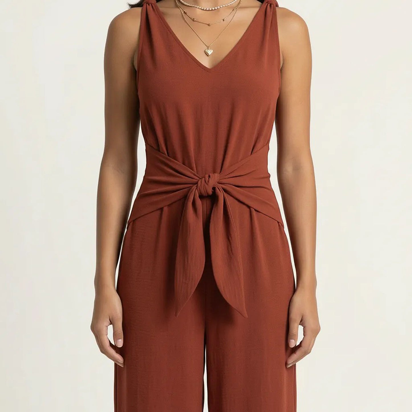Sleeveless Wide Leg Jumpsuit with V Neck Tie Waist Relaxed Fit Flowy Silhouette
