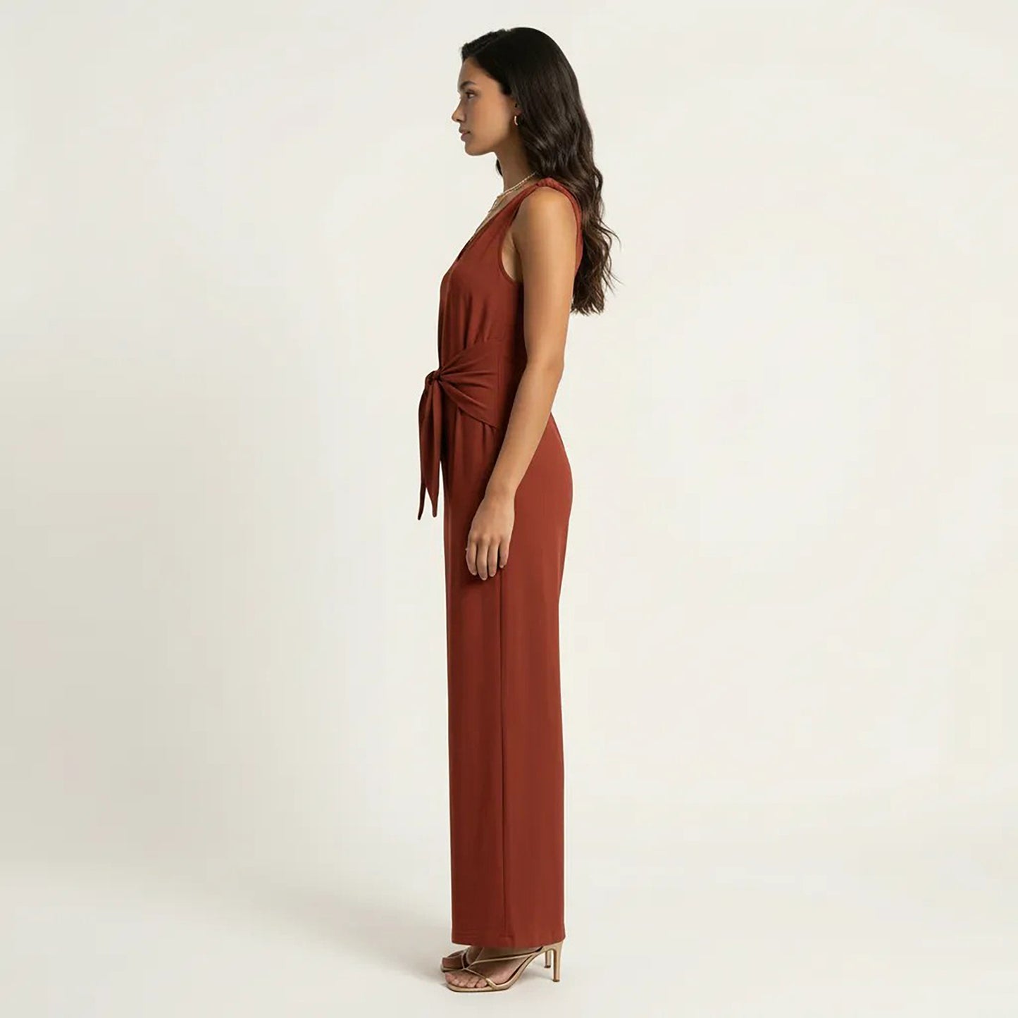 Sleeveless Wide Leg Jumpsuit with V Neck Tie Waist Relaxed Fit Flowy Silhouette