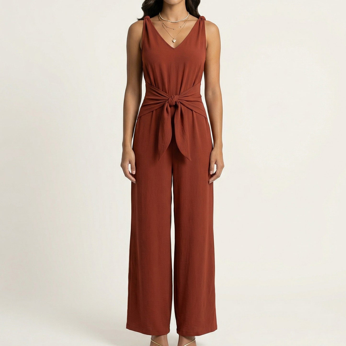 Sleeveless Wide Leg Jumpsuit with V Neck Tie Waist Relaxed Fit Flowy Silhouette