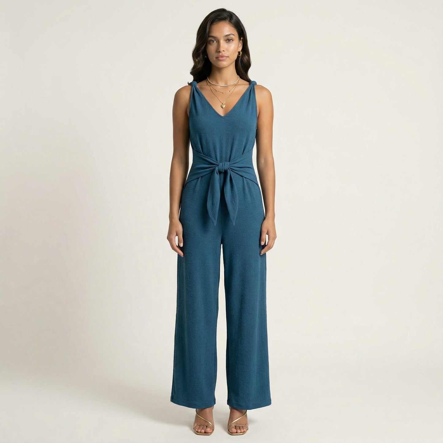 Sleeveless Wide Leg Jumpsuit with V Neck Tie Waist Relaxed Fit Flowy Silhouette