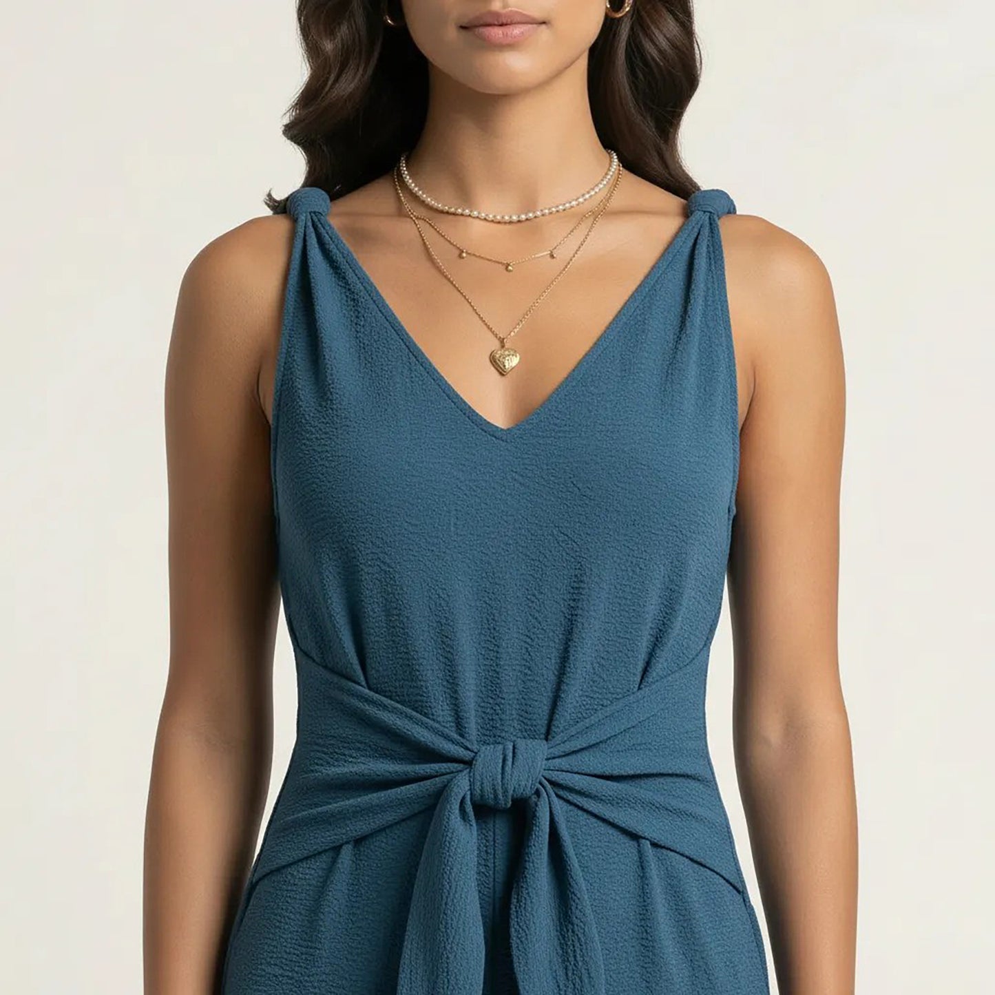 Sleeveless Wide Leg Jumpsuit with V Neck Tie Waist Relaxed Fit Flowy Silhouette