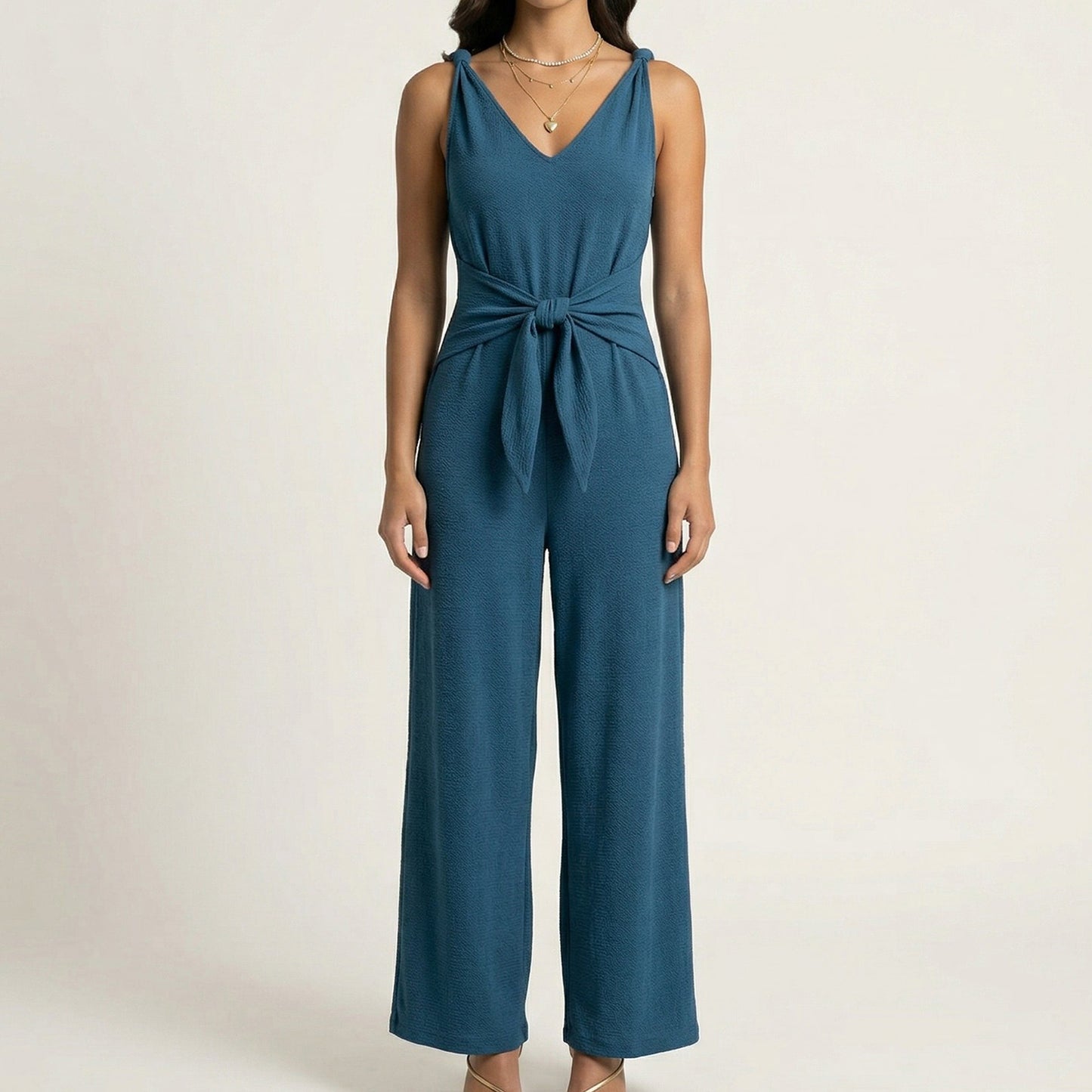 Sleeveless Wide Leg Jumpsuit with V Neck Tie Waist Relaxed Fit Flowy Silhouette