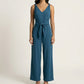 Sleeveless Wide Leg Jumpsuit with V Neck Tie Waist Relaxed Fit Flowy Silhouette