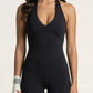Sleeveless Active Jumpsuit with Wide Straps Deep V Neck Flare Leg Contour Fit One Piece