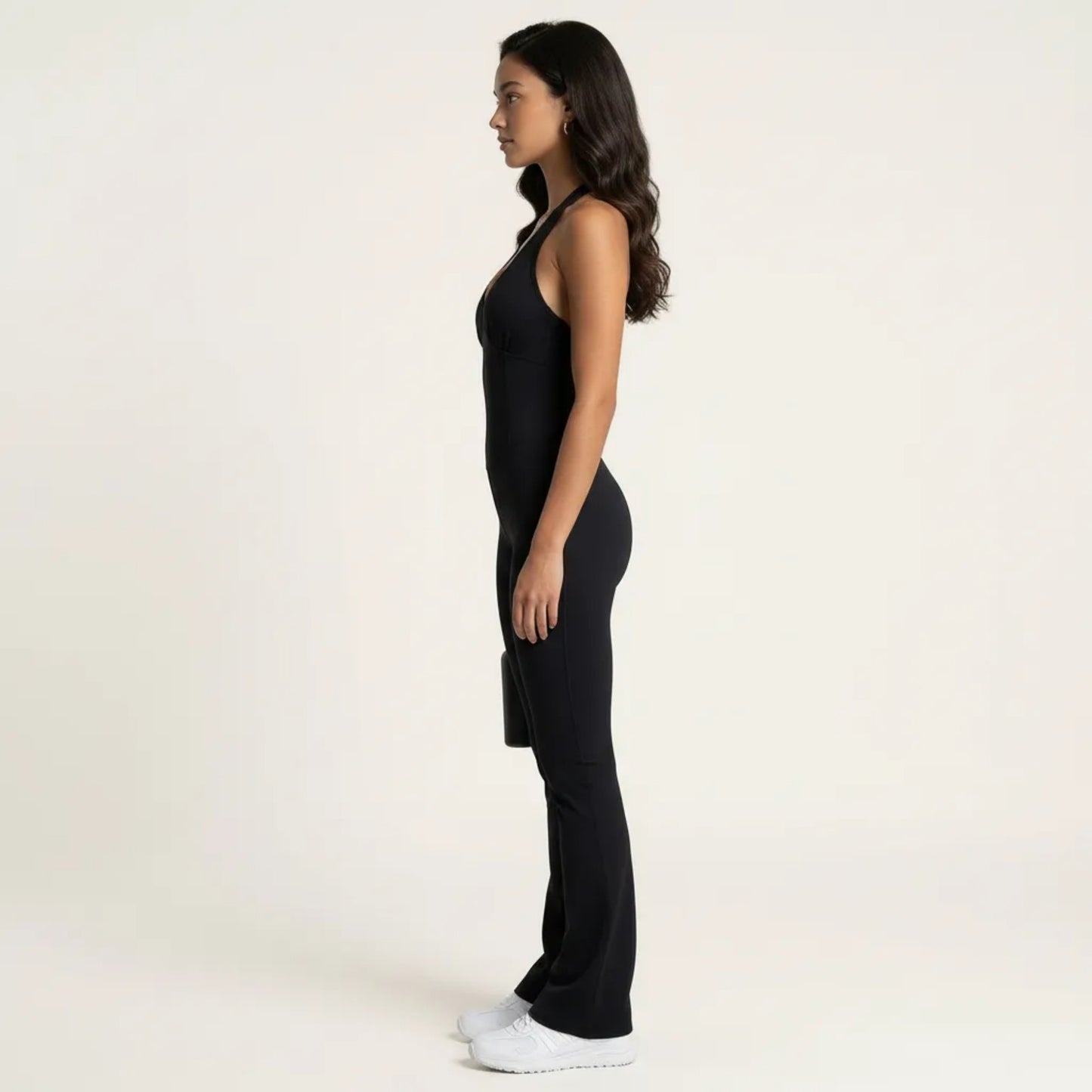 Sleeveless Active Jumpsuit with Wide Straps Deep V Neck Flare Leg Contour Fit One Piece