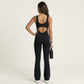 Sleeveless Active Jumpsuit with Wide Straps Deep V Neck Flare Leg Contour Fit One Piece