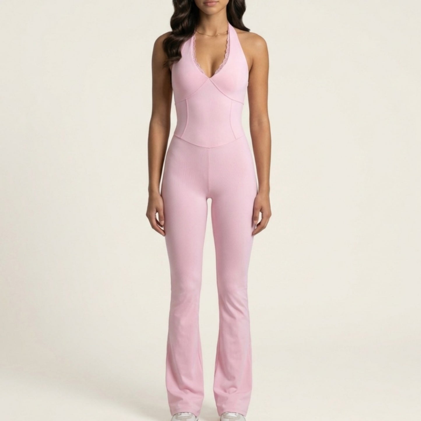 Sleeveless Active Jumpsuit with Wide Straps Deep V Neck Flare Leg Contour Fit One Piece