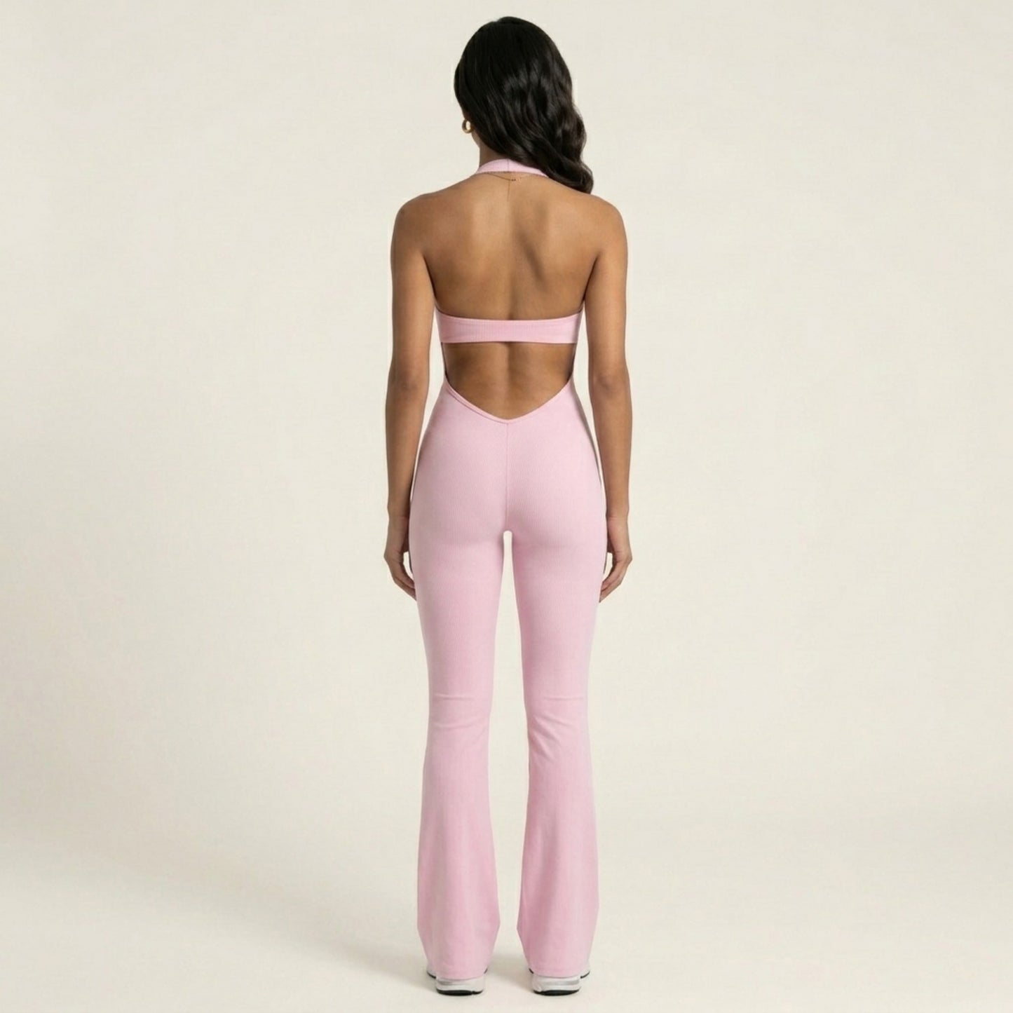 Sleeveless Active Jumpsuit with Wide Straps Deep V Neck Flare Leg Contour Fit One Piece