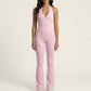 Sleeveless Active Jumpsuit with Wide Straps Deep V Neck Flare Leg Contour Fit One Piece