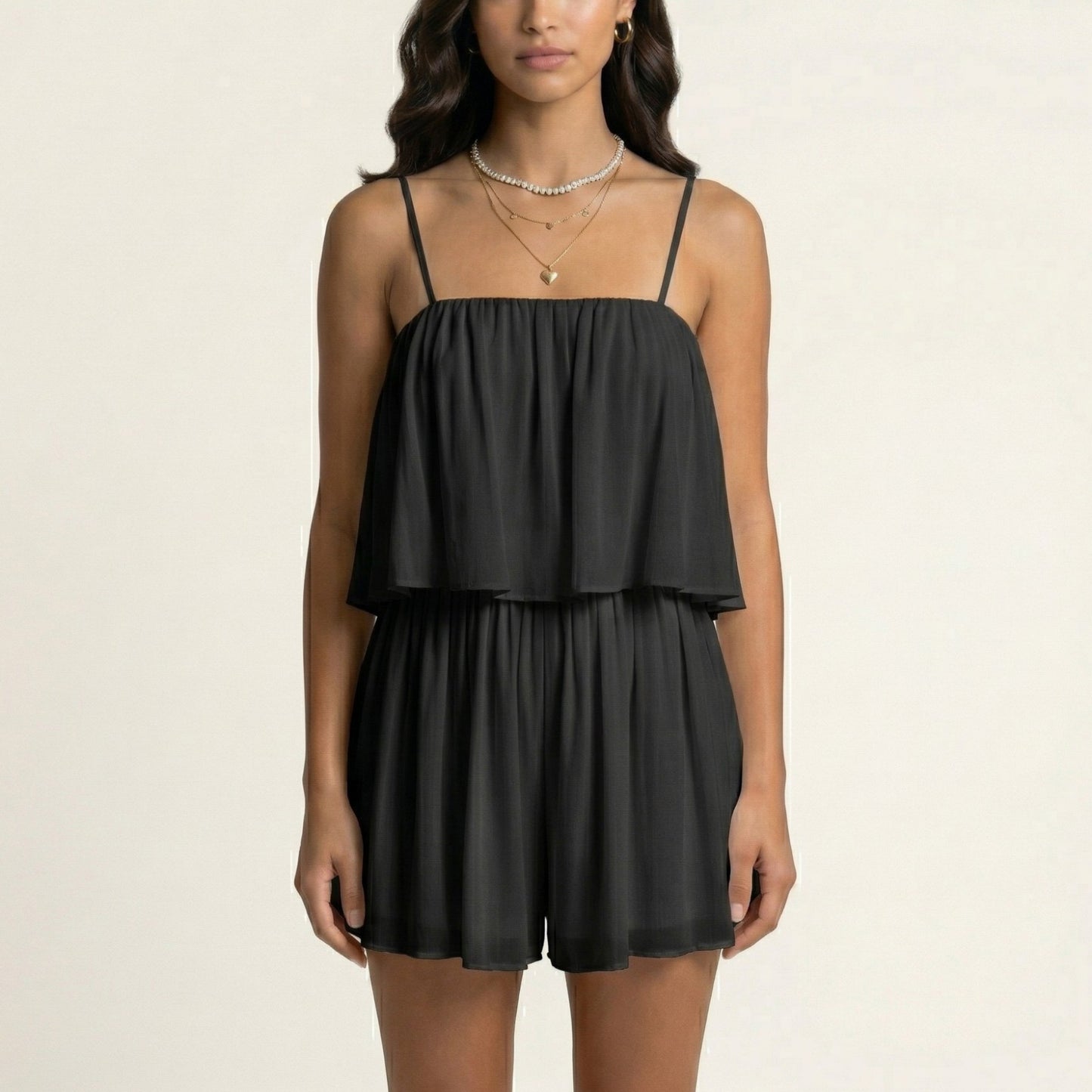 Sleeveless Layered Chiffon Romper with Spaghetti Straps Flowy Ruffle Overlay Relaxed Fit