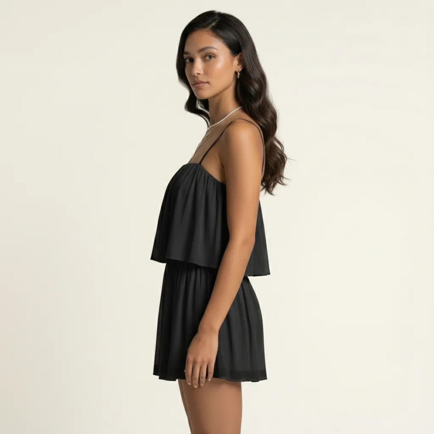 Sleeveless Layered Chiffon Romper with Spaghetti Straps Flowy Ruffle Overlay Relaxed Fit