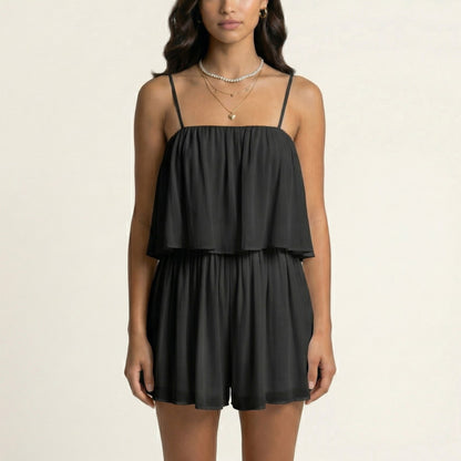 Sleeveless Layered Chiffon Romper with Spaghetti Straps Flowy Ruffle Overlay Relaxed Fit