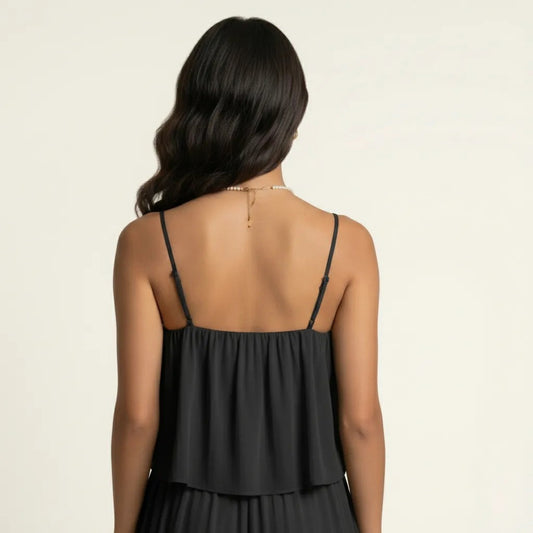 Sleeveless Layered Chiffon Romper with Spaghetti Straps Flowy Ruffle Overlay Relaxed Fit