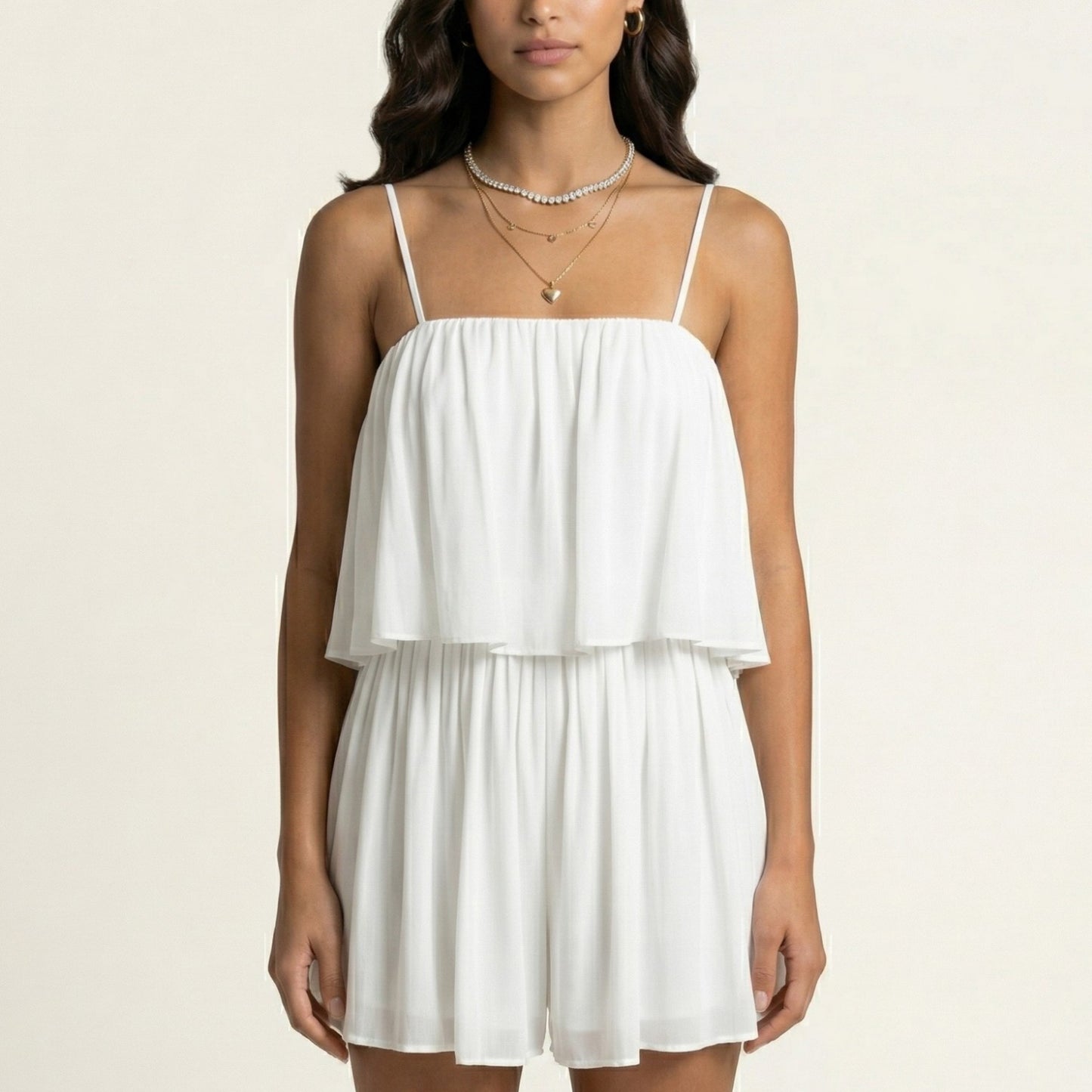 Sleeveless Layered Chiffon Romper with Spaghetti Straps Flowy Ruffle Overlay Relaxed Fit