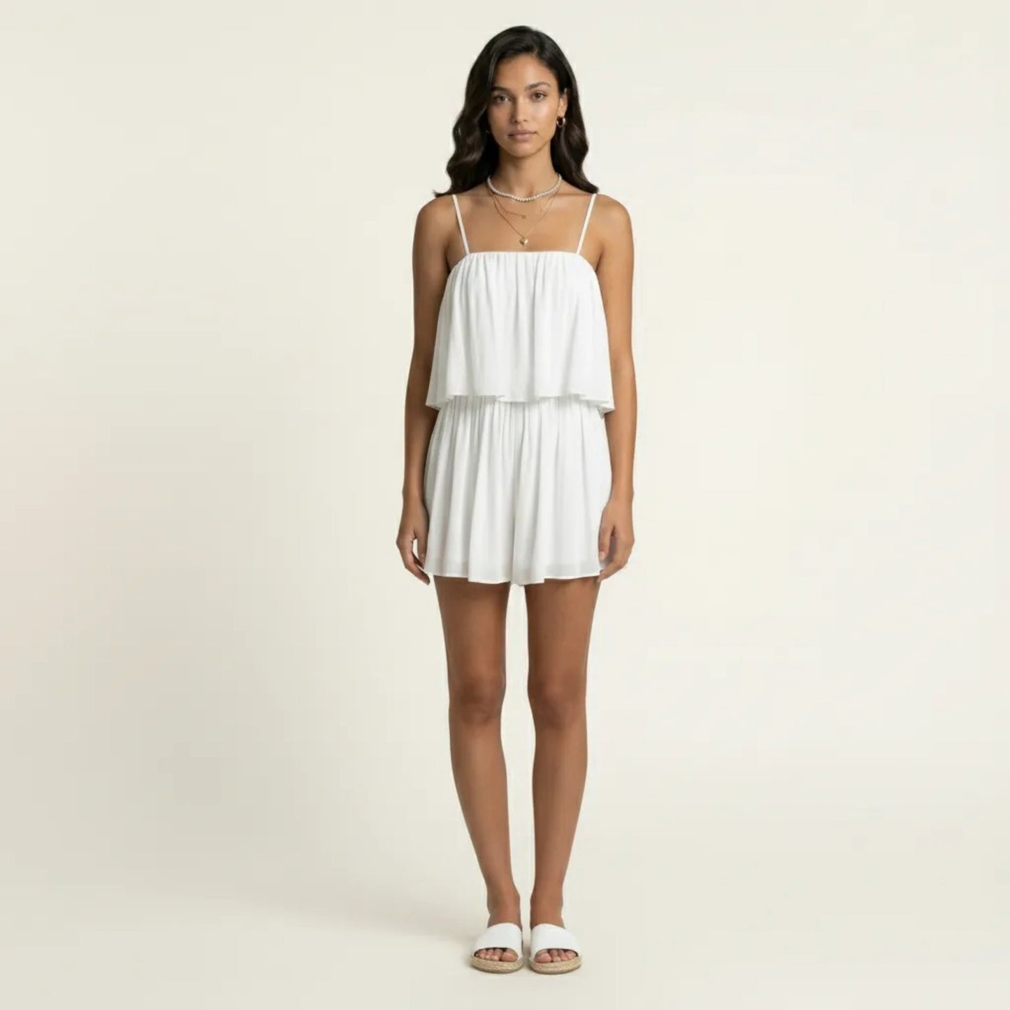 Sleeveless Layered Chiffon Romper with Spaghetti Straps Flowy Ruffle Overlay Relaxed Fit