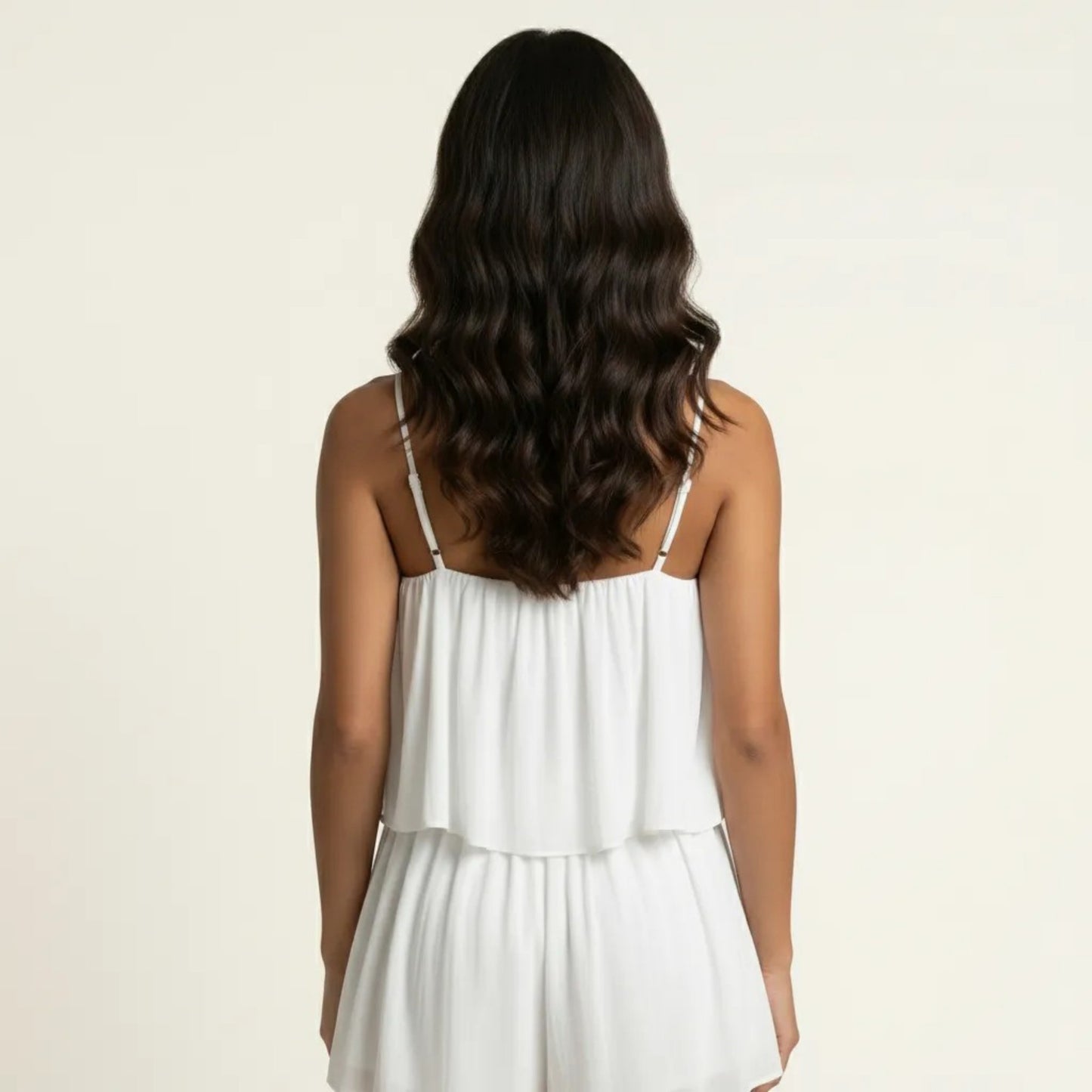 Sleeveless Layered Chiffon Romper with Spaghetti Straps Flowy Ruffle Overlay Relaxed Fit