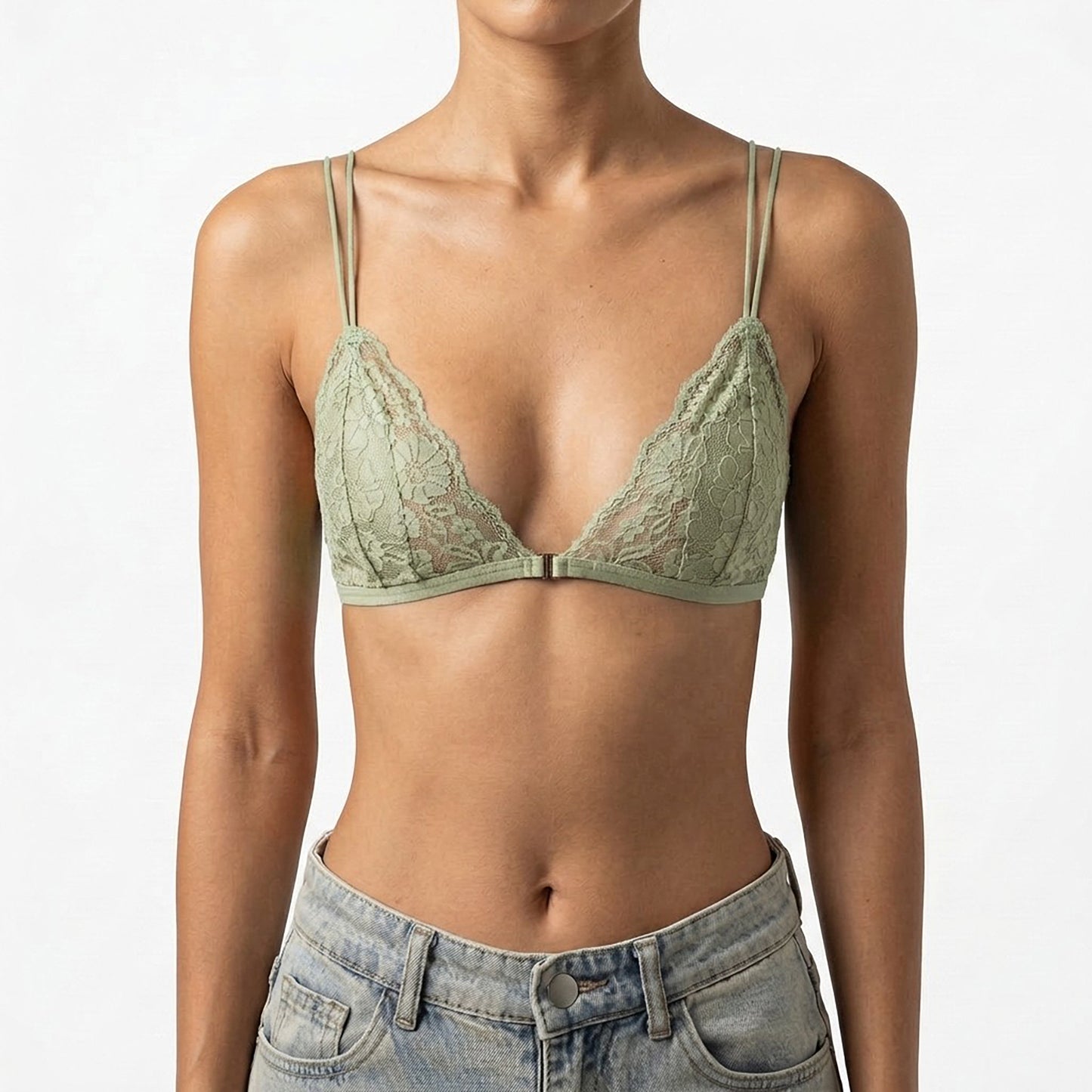 Lace Triangle Bralette with Adjustable Straps and Front Closure Soft Lightweight Design