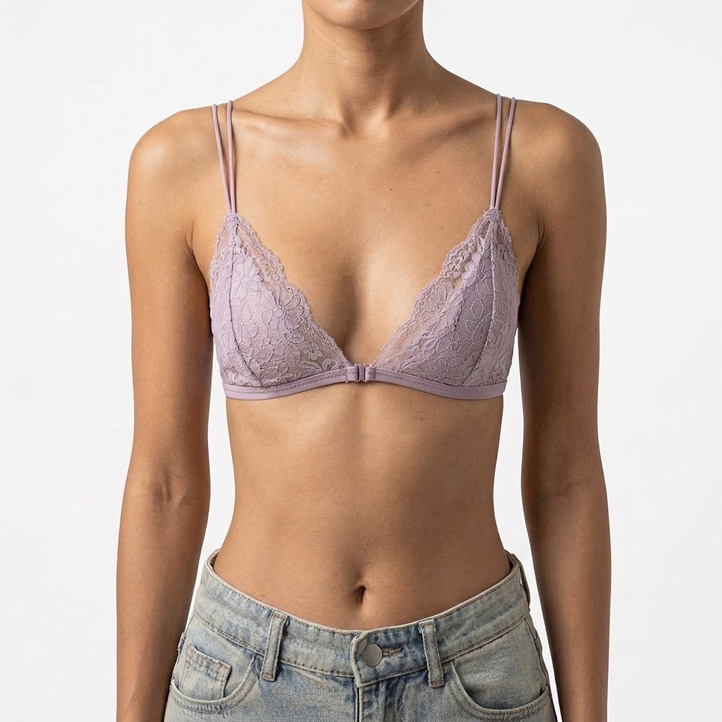 Lace Triangle Bralette with Adjustable Straps and Front Closure Soft Lightweight Design