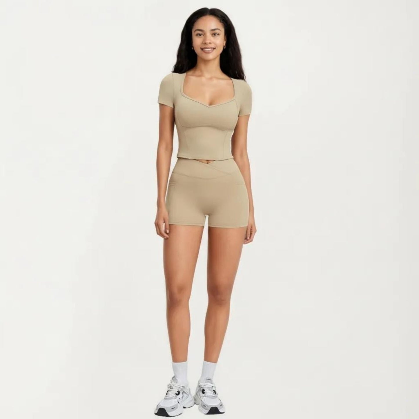 Ribbed Square Neck Fitted Crop Workout Top Stretch Athletic Training Shirt for Yoga Fitness