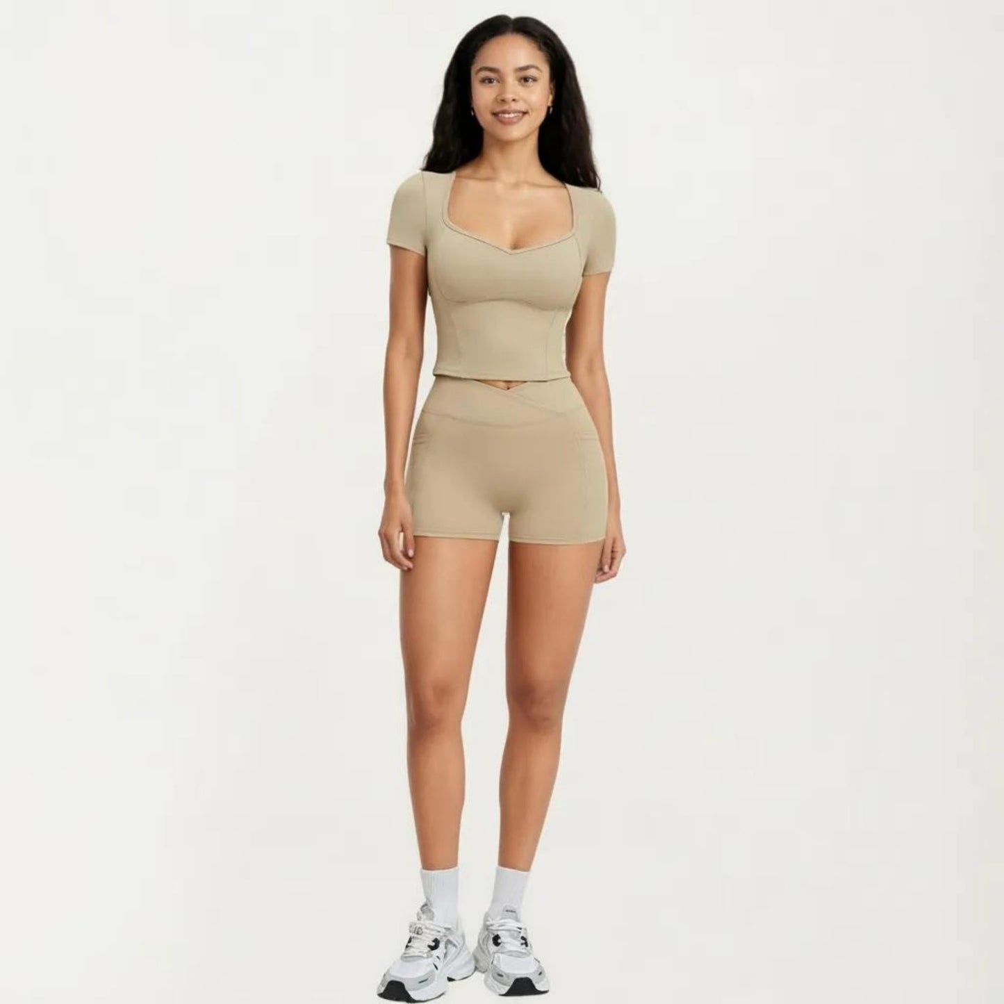 Ribbed Square Neck Fitted Crop Workout Top Stretch Athletic Training Shirt for Yoga Fitness