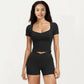 Ribbed Square Neck Fitted Crop Workout Top Stretch Athletic Training Shirt for Yoga Fitness