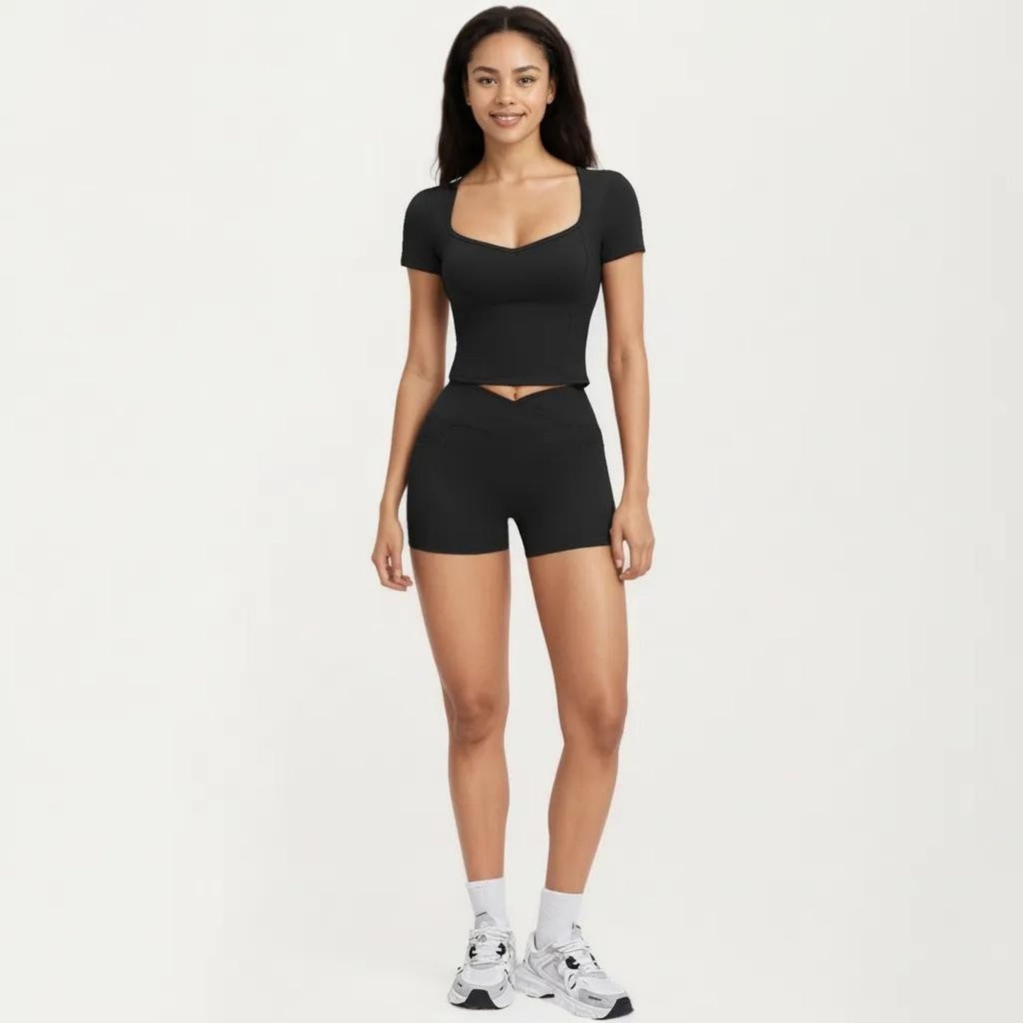 Ribbed Square Neck Fitted Crop Workout Top Stretch Athletic Training Shirt for Yoga Fitness