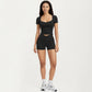 Ribbed Square Neck Fitted Crop Workout Top Stretch Athletic Training Shirt for Yoga Fitness