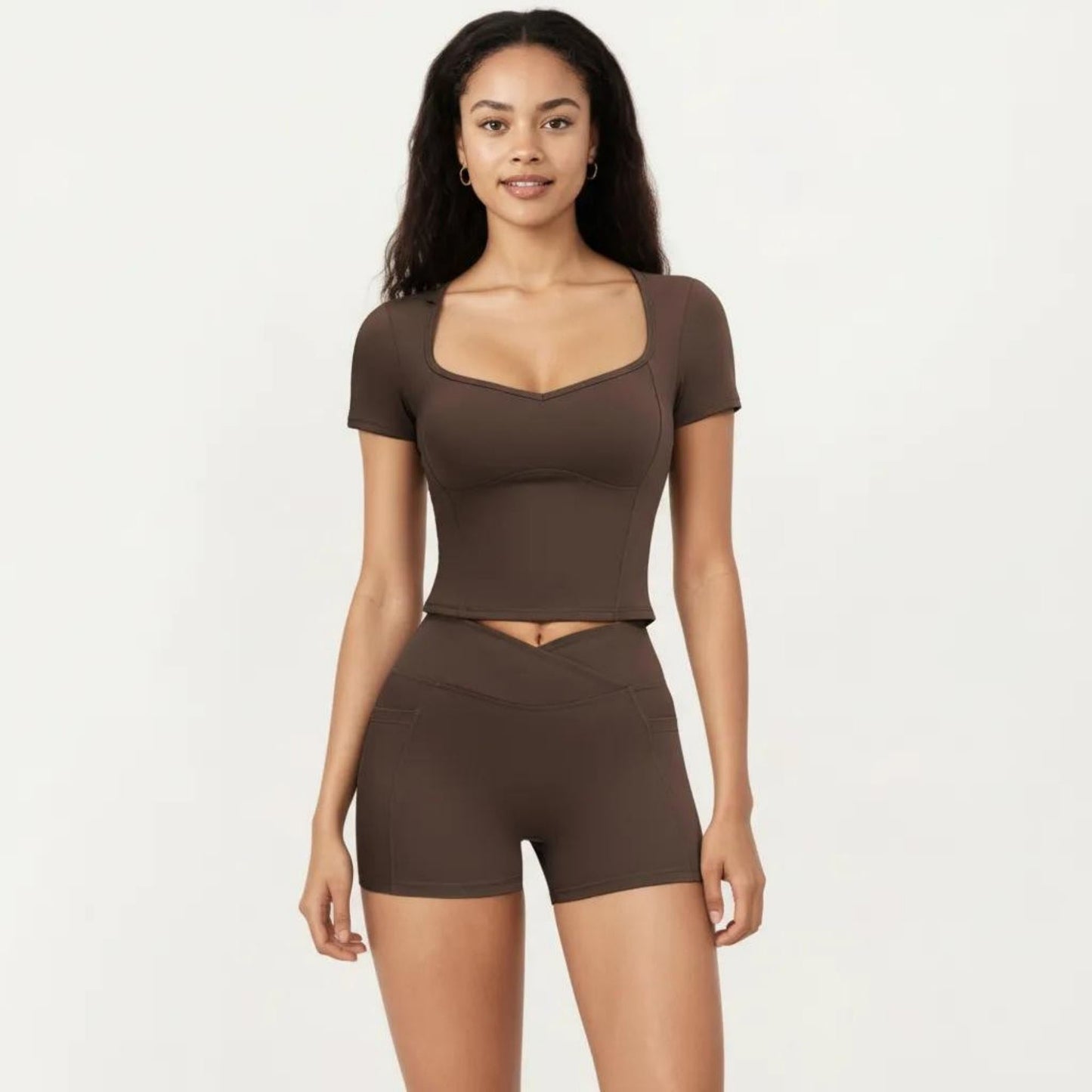 Ribbed Square Neck Fitted Crop Workout Top Stretch Athletic Training Shirt for Yoga Fitness