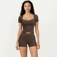 Ribbed Square Neck Fitted Crop Workout Top Stretch Athletic Training Shirt for Yoga Fitness