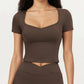 Ribbed Square Neck Fitted Crop Workout Top Stretch Athletic Training Shirt for Yoga Fitness