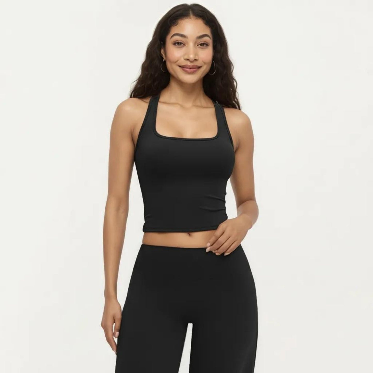 Square Neck Racerback Crop Tank Fitted Stretch Athletic Workout Top for Yoga Training